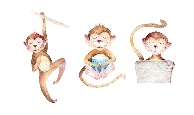 Vetor conjunto de três desenhos animados de macacos bebê ilustração de desenho de mão em aquarela com fundo branco isolado