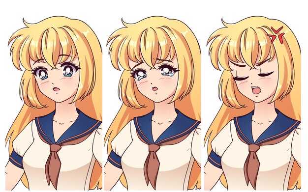 Rosto triste de anime. olhos fechados estilo mangá, nariz pequeno e boca  kawaii. mão-extraídas ilustração dos desenhos animados do vetor.