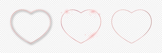 Conjunto de três formas de coração brilhantes de ouro rosa isoladas em quadro brilhante de fundo transparente com ilustração vetorial de efeitos brilhantes