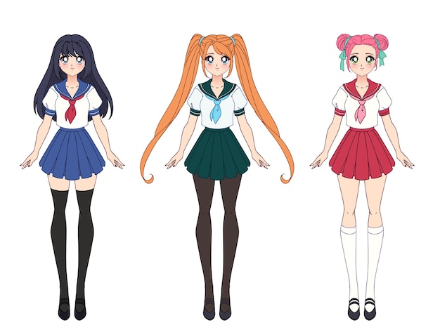 Conjunto de três garotas de anime vestindo uniforme escolar japonês