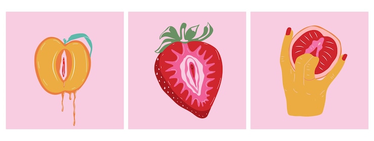 Vetor conjunto de três gestos sexuais com as mãos e frutas com contornos dos lábios femininos illustrator um vetor de vagina