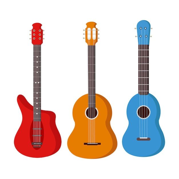 Conjunto de três guitarras de cores diferentes