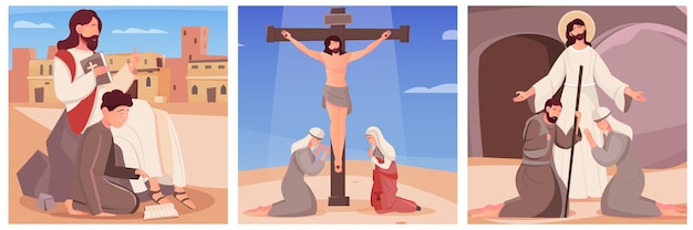 Conjunto de três ilustrações planas com Jesus Cristo