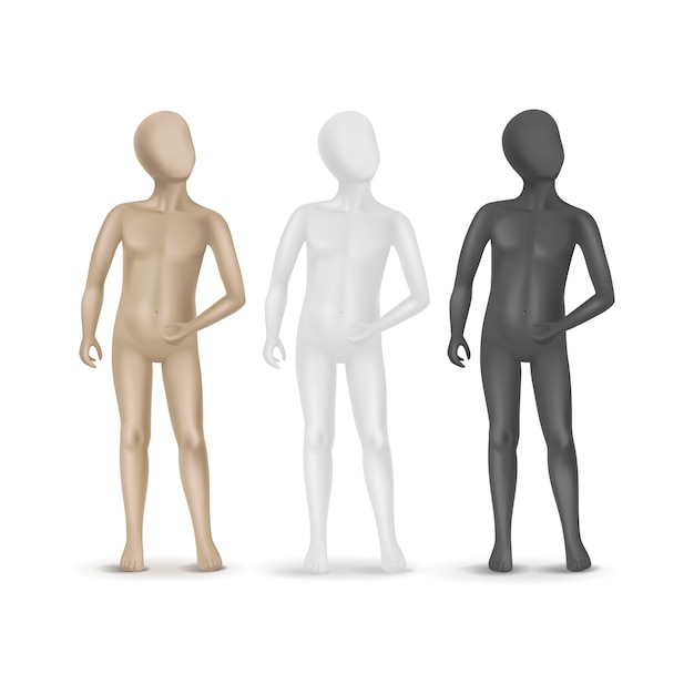 Vetor conjunto de três manequins de criança isolado no fundo branco