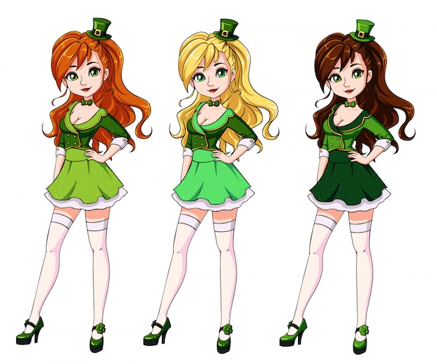 Conjunto de três meninas bonitas vestindo fantasia de dia de st. patricks.