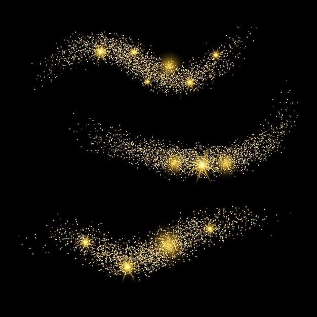 Conjunto de três ondas de luz com efeito Glitter dourado em um fundo preto. Redemoinho abstrato linhas. Ilustração vetorial