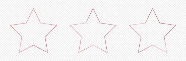 Conjunto de três quadros de forma de estrela brilhante de ouro rosa isolados em quadro brilhante de fundo transparente com ilustração vetorial de efeitos brilhantes