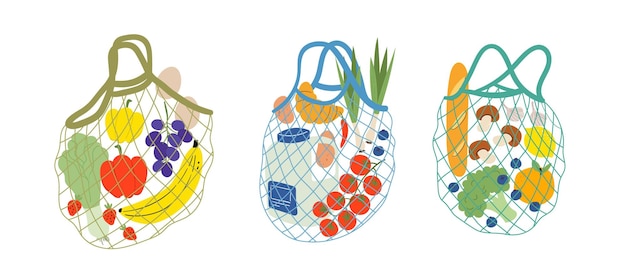 Vetor conjunto de três sacolas de malha ecoshopping com diferentes produtos sem conceito de plástico livre de resíduos