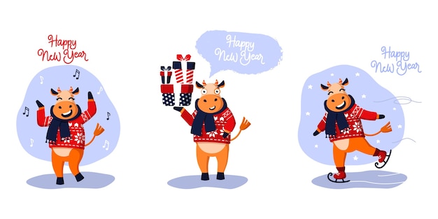 Conjunto de três touros festivos. símbolo do ano novo