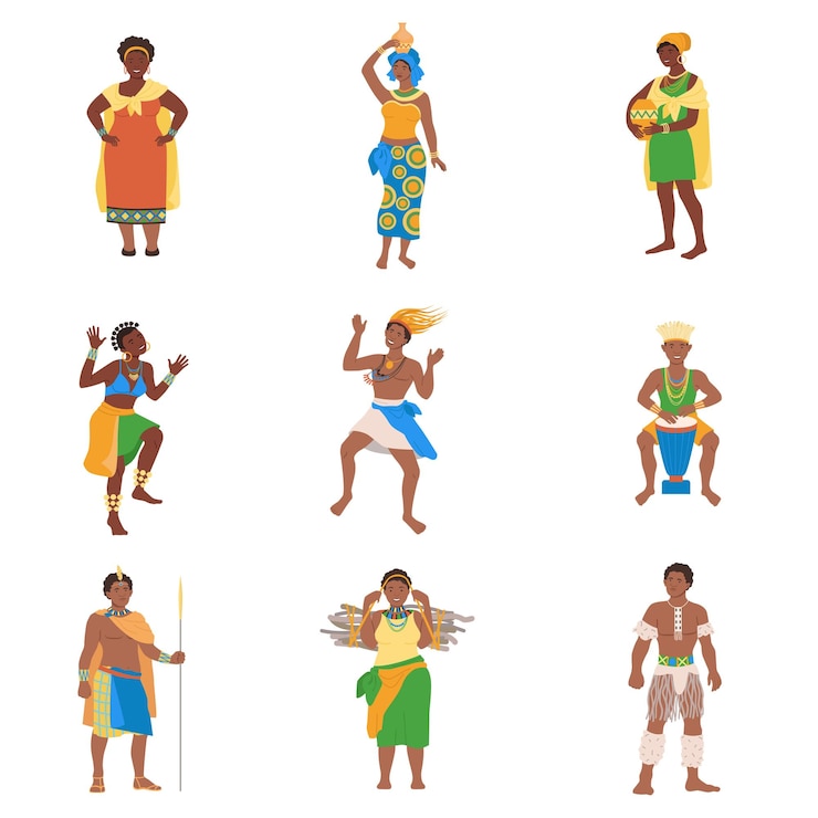 Vetor conjunto de tribos africanas pessoas em roupas nacionais tradicionais ilustração vetorial
