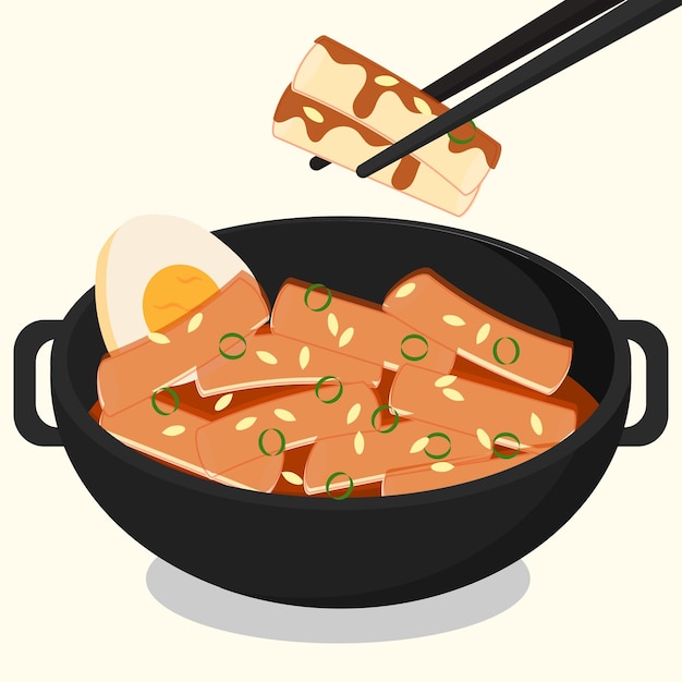 Vetor conjunto de tteokbokki desenhado à mão com ovo em uma ilustração de design plano de comida de rua pan coreana