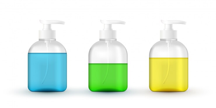 Vetor conjunto de tubo de cosméticos líquidos com bomba. protecção das mãos de coronavírus, desinfetante para as mãos recipiente realista 3d, gel de lavagem das mãos. gel de lavagem à mão com álcool e dispensador de bomba.