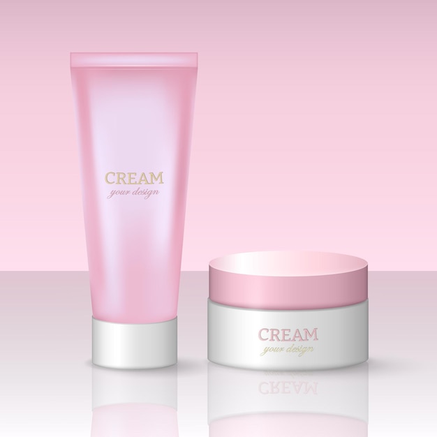 Conjunto de tubo de creme rosa e branco tridimensional e jarra Maquete de produto cosmético de item Skincare