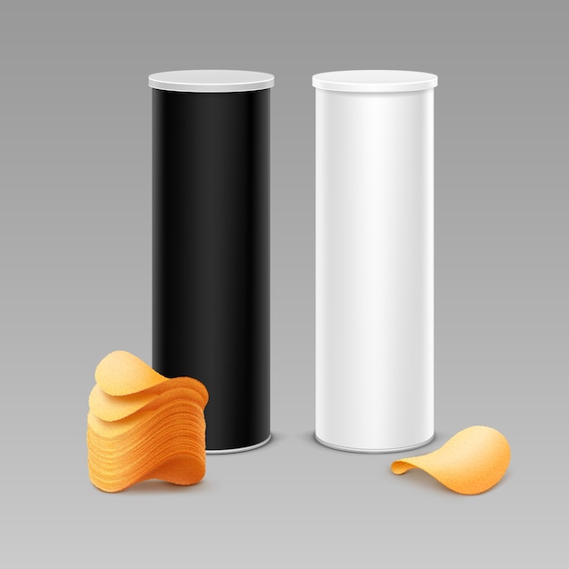Conjunto de tubo de recipiente de lata preto branco para design de embalagem com pilha de batatas fritas crocantes close-up isolado no fundo