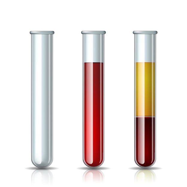 Vetor conjunto de tubo de vidro vazio, cheio de sangue e sangue fracionado in vitro, plasma e camadas de glóbulos vermelhos. vidro químico em estilo realista. ilustração