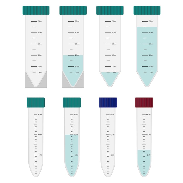 Conjunto de tubos de ensaio cônicos de centrifugação com graduação e tampa verde azul e vermelha em vetor