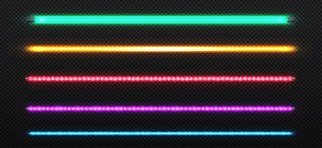 Conjunto de tubos de néon coloridos tiras rgb vermelhas amarelas azuis e violetas no espaço de cópia elemento de decoração e iluminação para casa coleção de vetores de néon realista isolada em fundo transparente