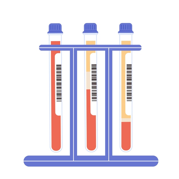 Conjunto de tubos de plasma sanguíneo em suporte em fundo branco pesquisa de sangue
