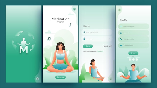 Vetor conjunto de ui, ux, gui screens meditation music app, incluindo login