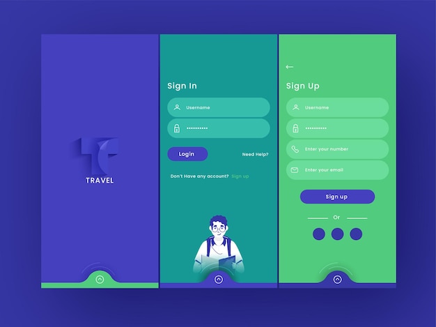 Conjunto de ui, ux, gui screens travel app, incluindo como criar conta