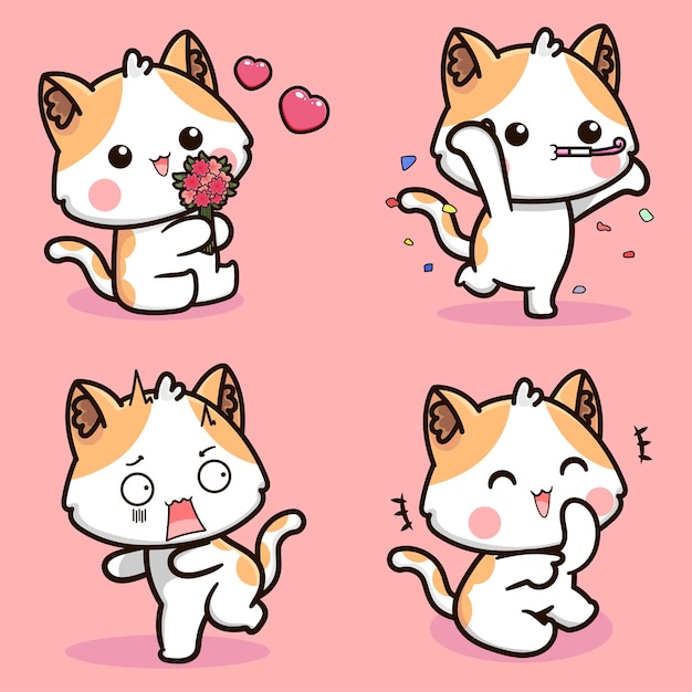 Conjunto de um gato bonito dos desenhos animados em várias poses e com emoções diferentes