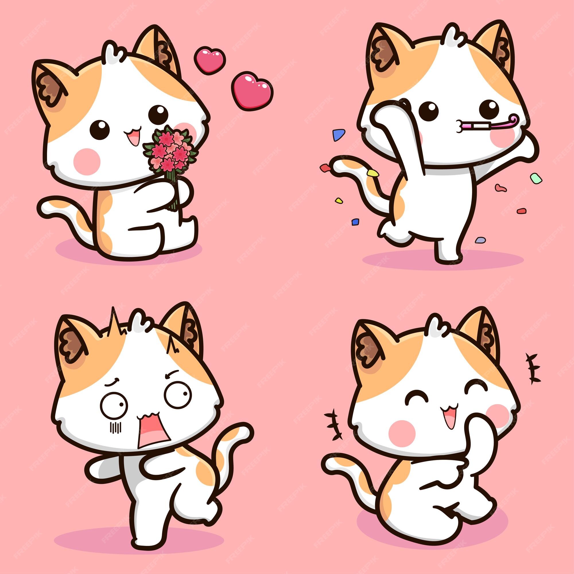 Gato de desenho animado com emoções e poses diferentes. comportamento do  gato, 30 linguagem corporal e expressões faciais. estilo bonito simples de  gatos. ilustração vetorial