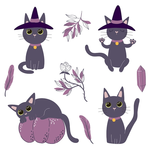 Conjunto de um gato de desenho animado bonito em um chapéu de bruxa em diferentes poses com penas e flores mascote de halloween