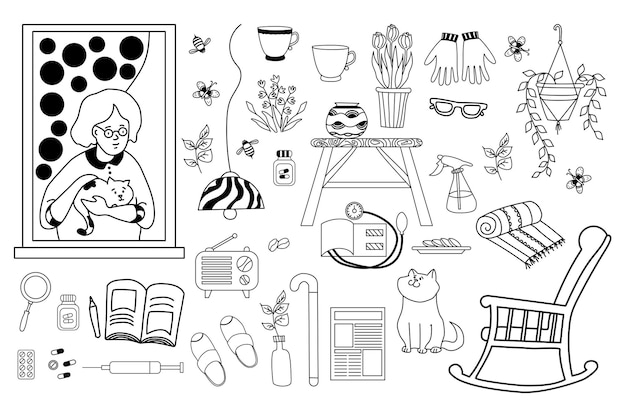 conjunto de uma velha com gato na janela pertences de pensionista e plantas de casa medicina contorno doodle