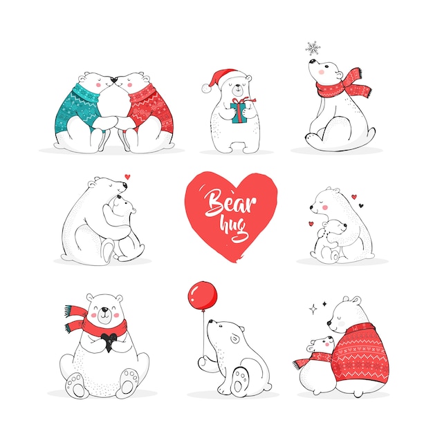 Conjunto de urso polar desenhado à mão