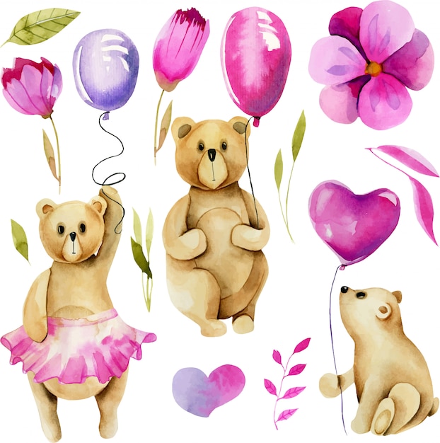 Conjunto de ursos bonitos aquarela com balões de ar