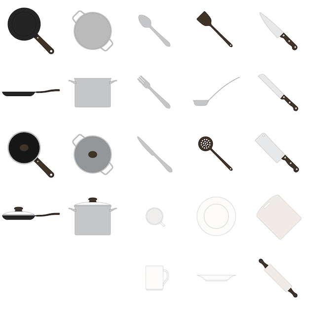 Conjunto de utensílios de cozinha de traço plano editável