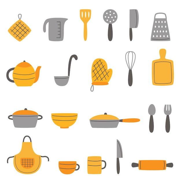 Conjunto de utensílios de cozinha desenhado no estilo mão. Coleção de ilustrações.