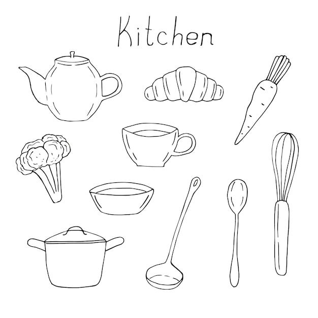 Conjunto de utensílios de cozinha e rabiscos de desenho à mão de ilustração vetorial de alimentos