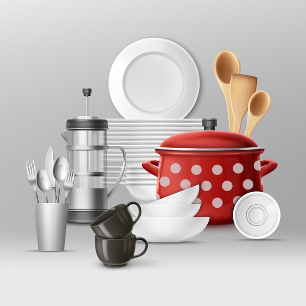 Conjunto de utensílios de cozinha. pratos e utensílios de cozinha