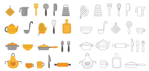 Conjunto de utensílios de cozinha preto e branco e colorido. Ilustrações vetoriais.