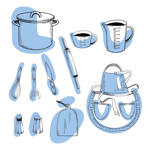 Conjunto de utensílios de cozinha Uma panela uma frigideira com um punho preto uma taça de medição um batedor uma faca uma tábua de cortar um salineiro um rolo desenhado em preto e azul em vetor para cozinha