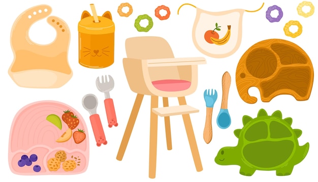 Vetor conjunto de utensílios de mesa para crianças, pratos para crianças, cadeira alta, copo de avental, garfos e colheres, cereais