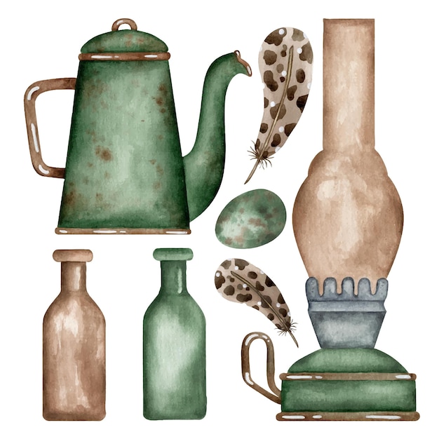 Conjunto de utensílios rústicos para aquarela, garrafas de vidro vintage, bule, lâmpada de querosene e conjunto de clipart de penas de pássaro