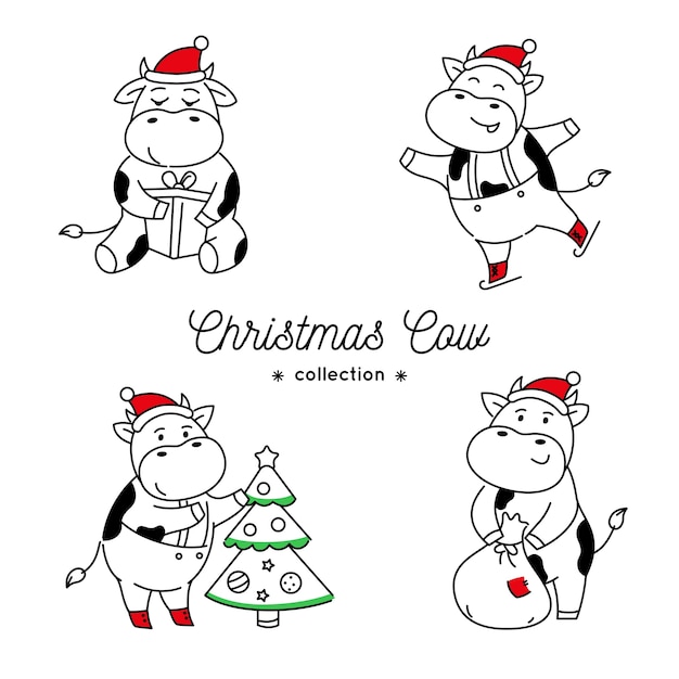 Conjunto de vacas de natal doodle em várias poses isoladas