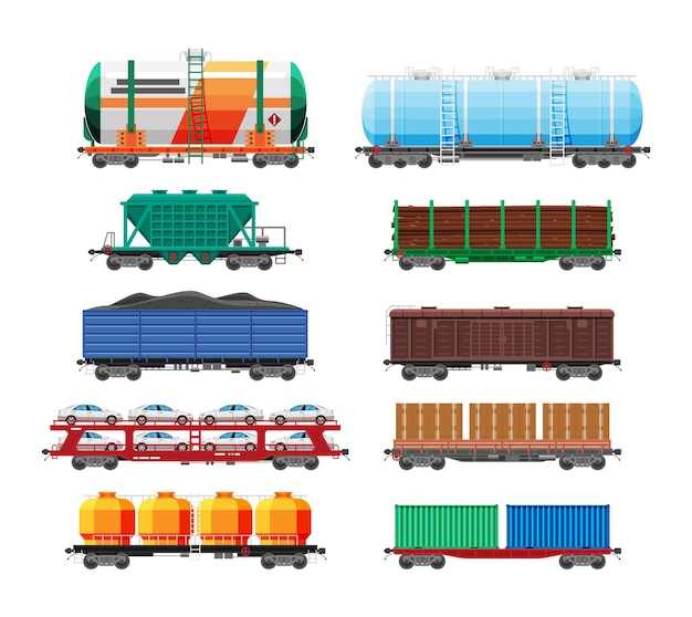 Conjunto de vagões de carga de trem, cisternas, tanques e carros coleta de frete ferroviário vagão vagão vagão vagão carruagens industriais vista lateral transporte ferroviário de carga ilustração vetorial plana