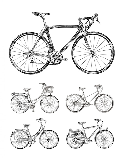 Conjunto de várias bicicletas, bicicletas mão desenhados esboços