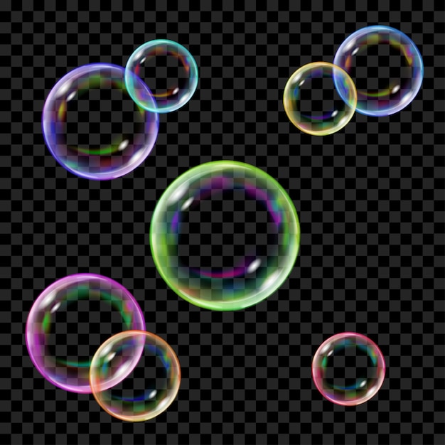Conjunto de várias bolhas de sabão coloridas translúcidas em fundo transparente. transparência apenas em formato vetorial