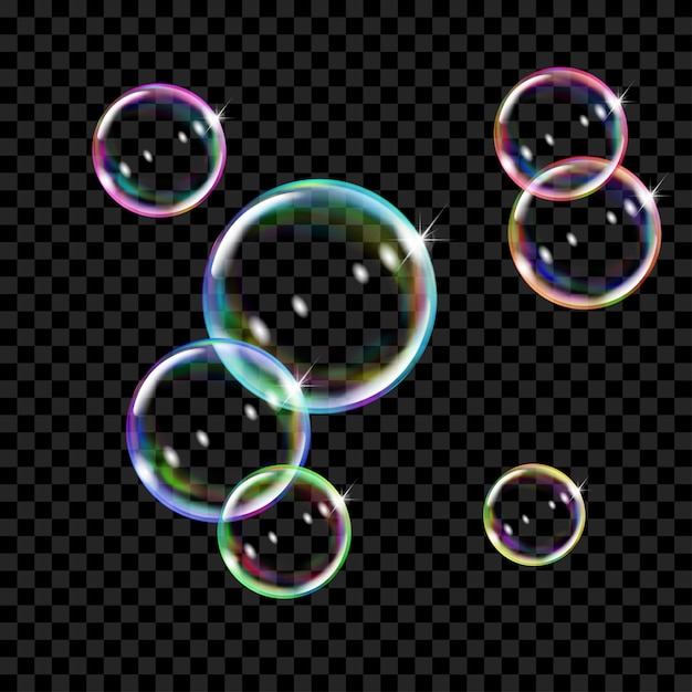 Conjunto de várias bolhas de sabão coloridas translúcidas em transparente