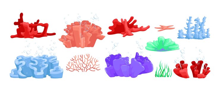 Vetor conjunto de várias espécies de corais coleção de coral vermelho verde azul roxo recife de coral isolado em fundo branco ilustração vetorial