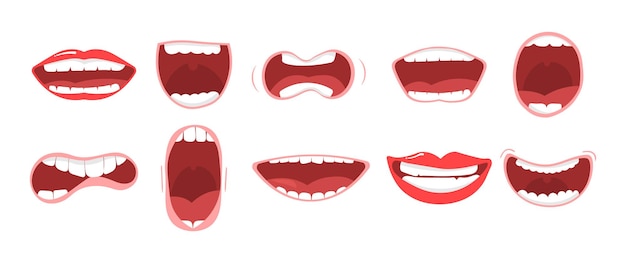 Desenhos animados bonito boca expressões gestos faciais conjunto com lábios  amuados sorrindo saindo língua isolado vetor ilustração. imagem vetorial de  Designer_things© 338070610