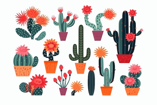 Conjunto de várias plantas espinhosas do deserto ou cactos com espinhos Isolados no fundo branco Ilustração de desenho vetorial