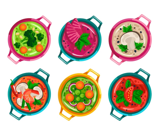Conjunto de várias sopas ilustração vetorial plana