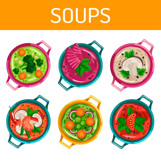 Conjunto de várias sopas ilustração vetorial plana