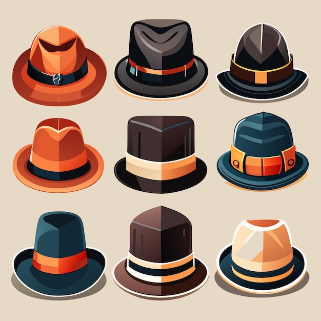 Conjunto de vários estilos de chapéu masculino de moda em estilo cartoon