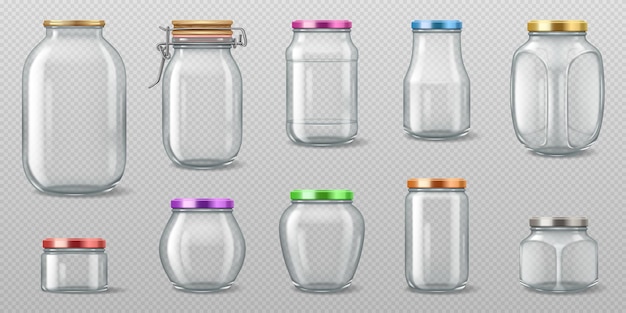 Conjunto de vários frascos de vidro transparente com tampas